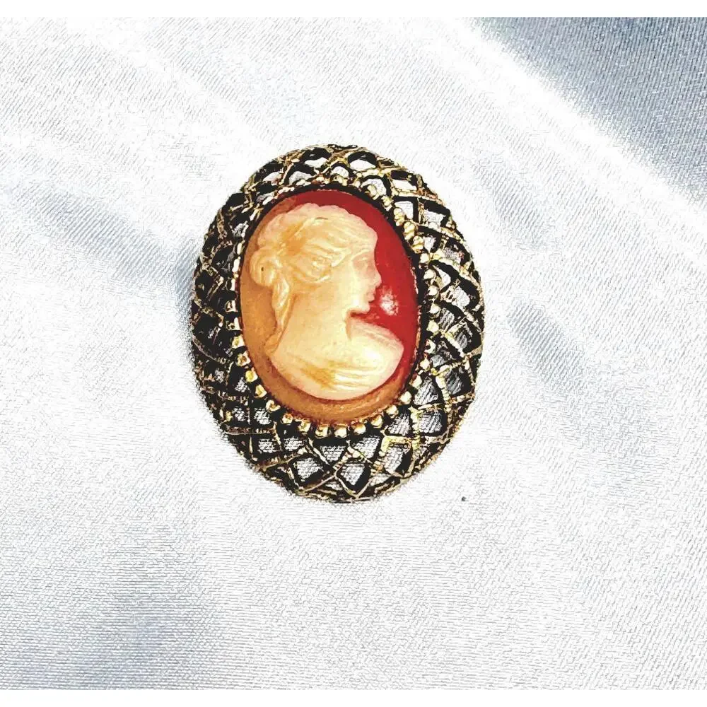 Vintage Light Red Stone w/ Right Facing Cameo on Bronze Basket Weave Trim Brooch